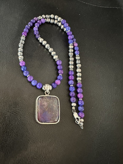 Purple Stone Turquoise Pendant Pearls Sterling Silver Necklace 18385
