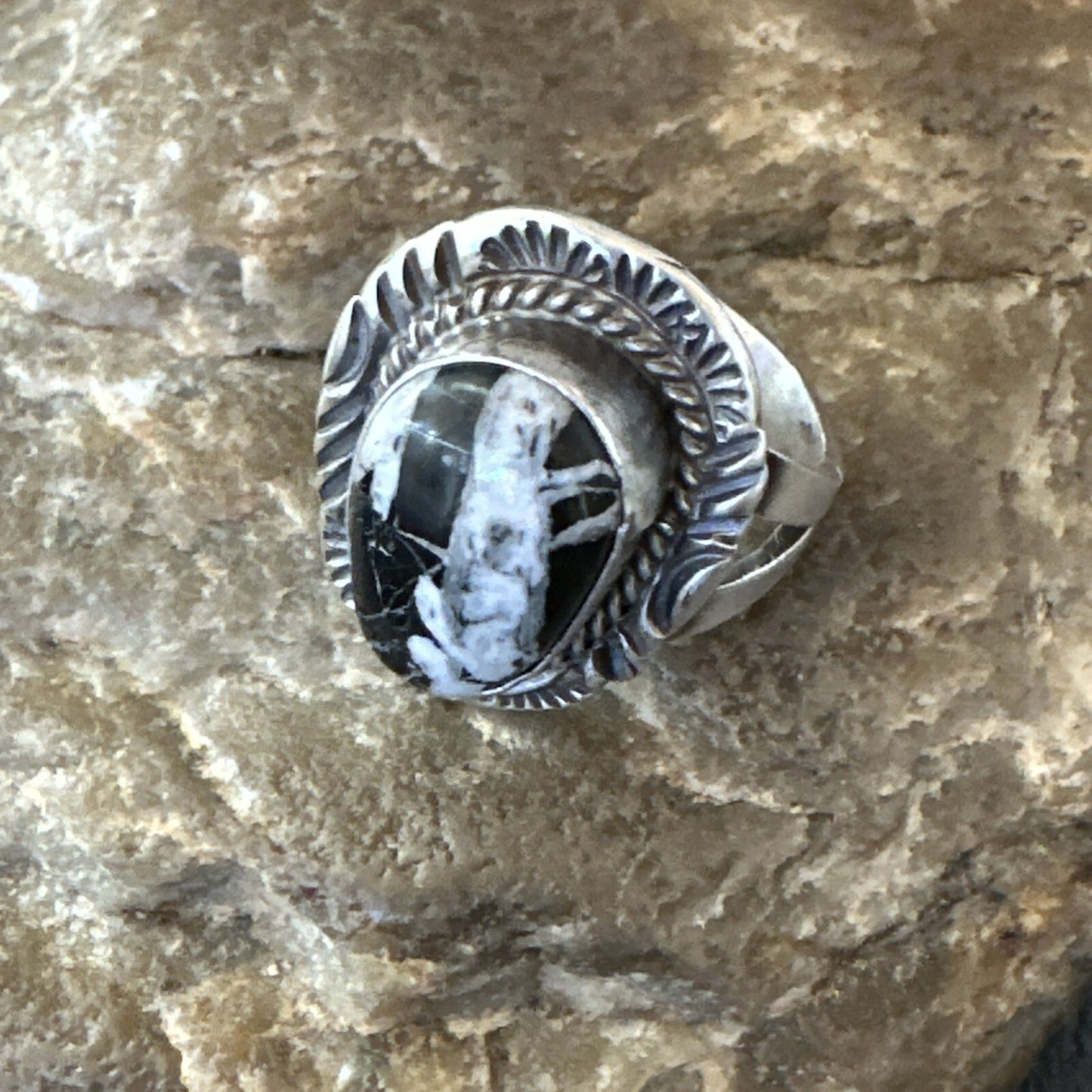 Mens Womens White Buffalo Turquoise Navajo Sterling Silver Ring Size 9 18587