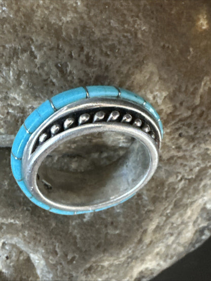 Blue Turquoise Navajo Sterling Silver Inlay Band Ring Size 7 18813
