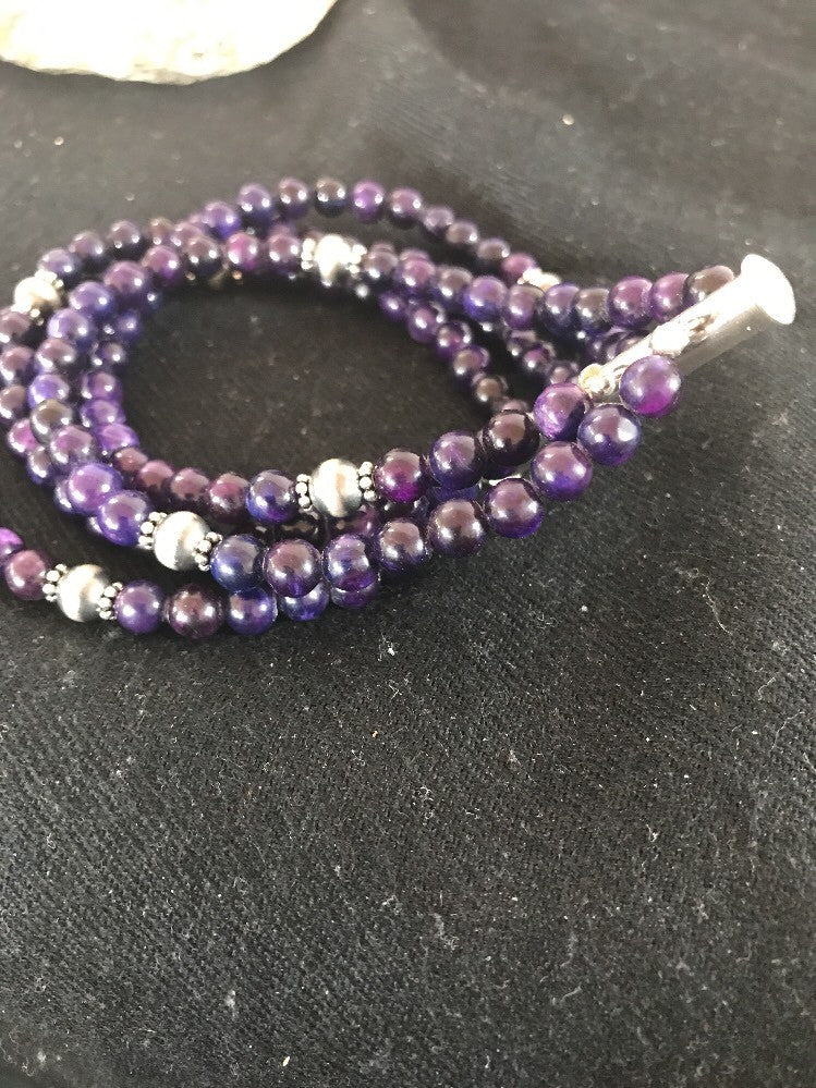 Purple Stone 4 Strands Navajo Indian Sterling Silver Bead Bracelet 10707