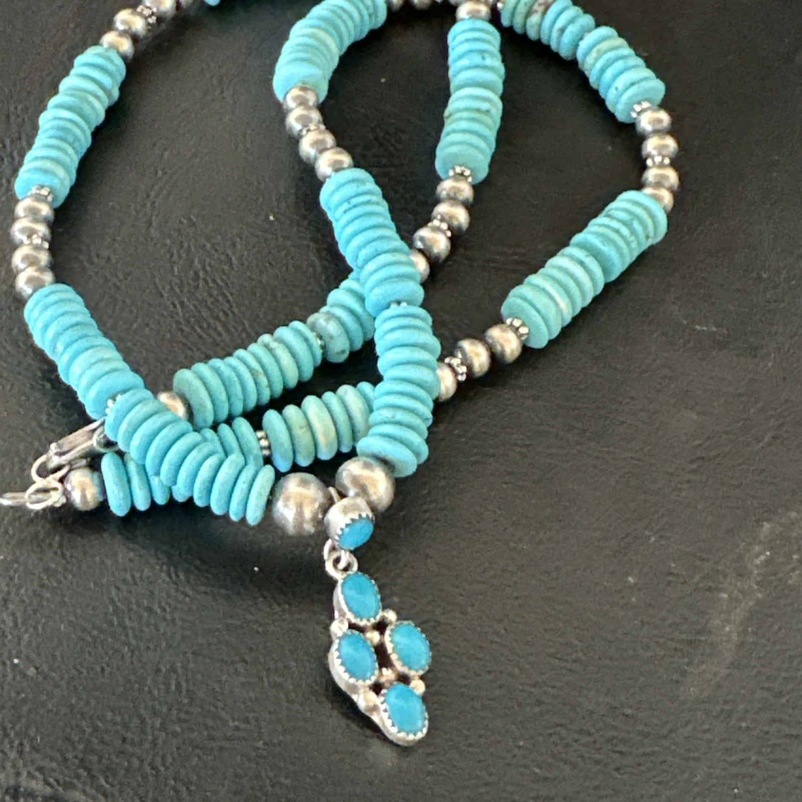 Blue Turquoise Cluster Pendant Navajo Sterling Silver Necklace 20" 19713