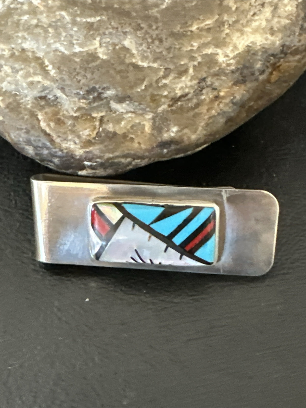 A Zuni Mens Turquoise Spiny Inlay Stainless Sterling Silver Money Clip 17833