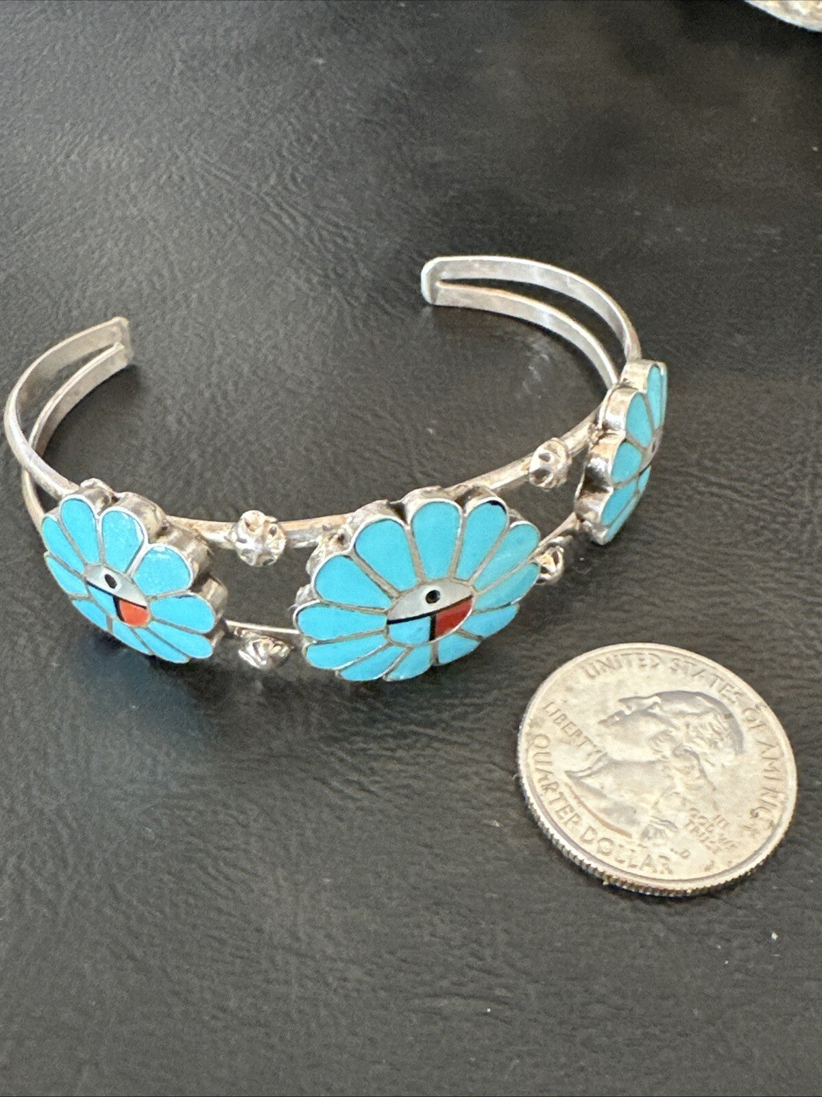Blue Turquoise Coral MOP Zuni Sterling Silver Inlay Sunface Cuff Bracelet 18873