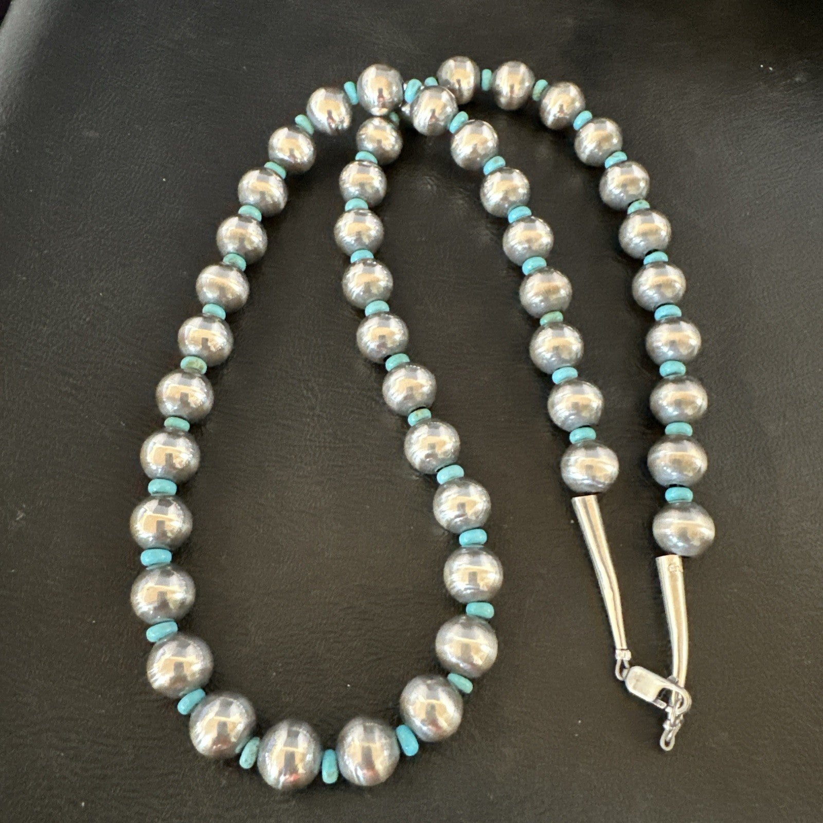 Blue Turquoise 10mm Round Sterling Silver Beads Necklace 24” 92408