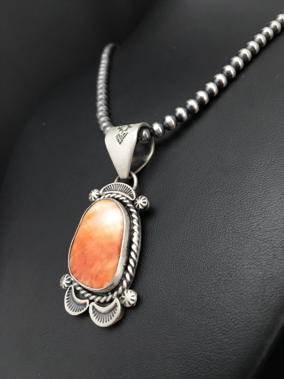 Native Orange Spiny Oyster Pendant Navajo Sterling Silver Necklace 04907