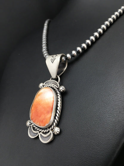 Native Orange Spiny Oyster Pendant Navajo Sterling Silver Necklace 04907