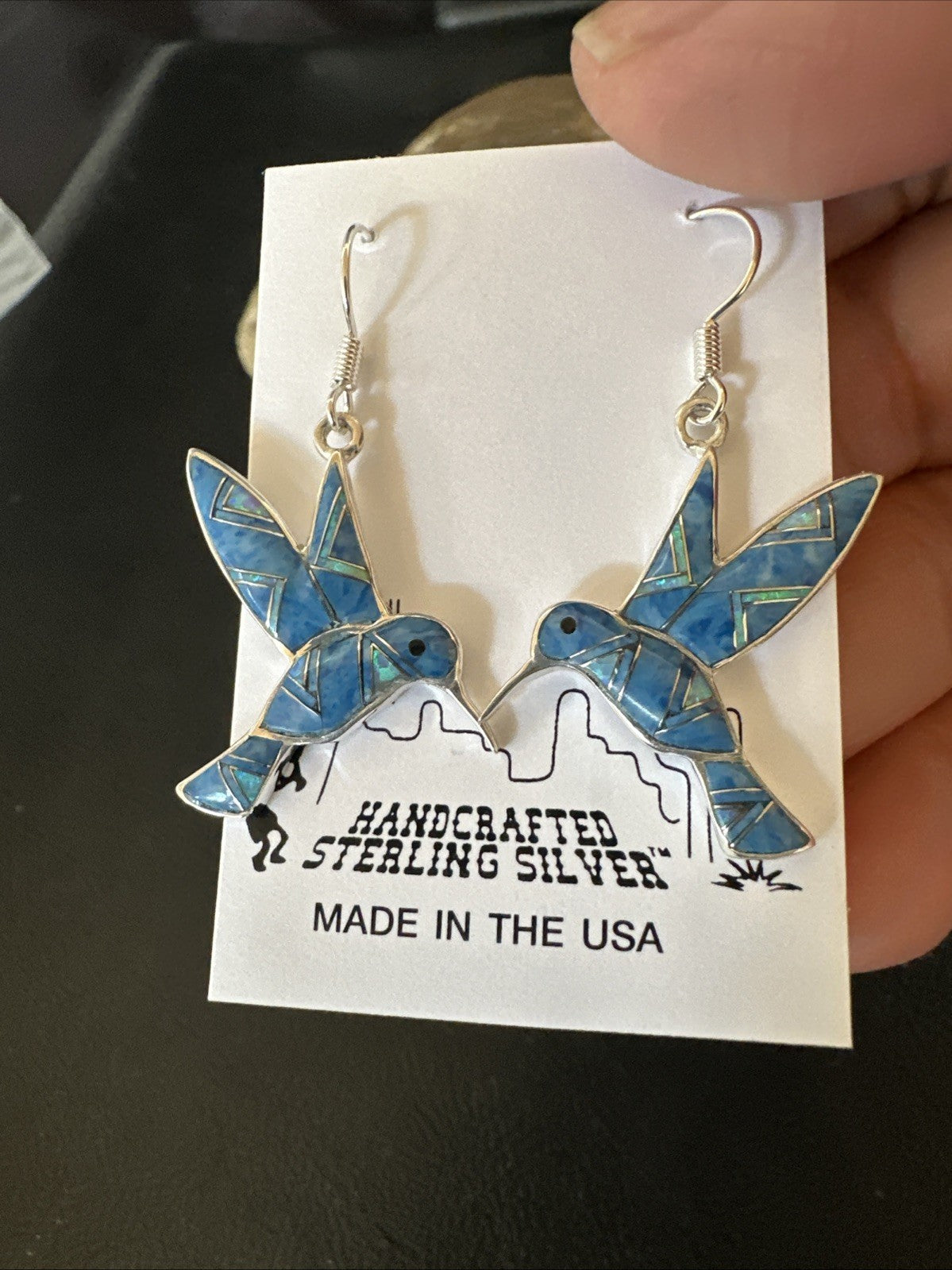 Blue Denim Lapis Opal Sterling Silver Hummingbird Dangle Earrings 19142
