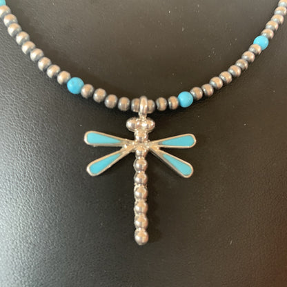 Blue Turquoise Dragonfly Pendant Zuni Sterling Silver Necklace 12058