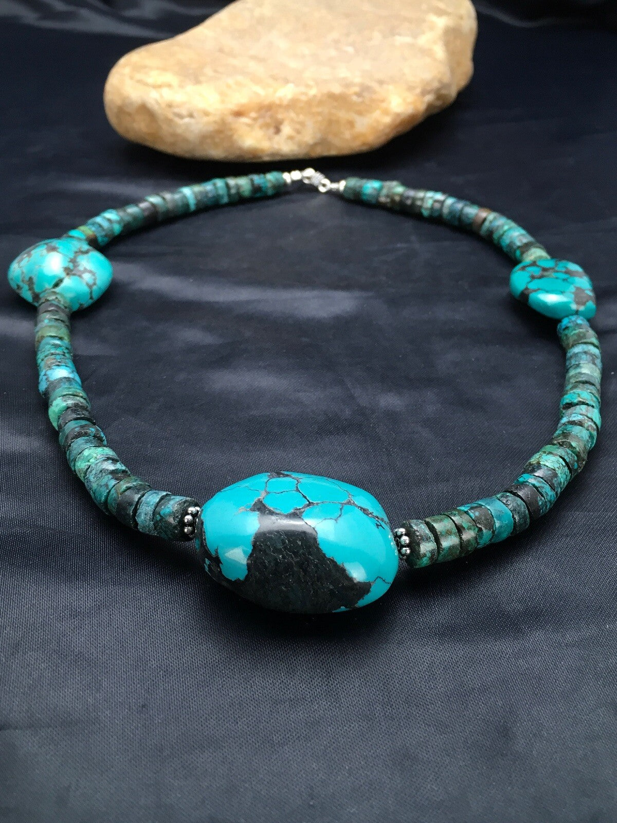Turquoise Heishi Chunky Navajo Sterling Silver Necklace 20" 02959