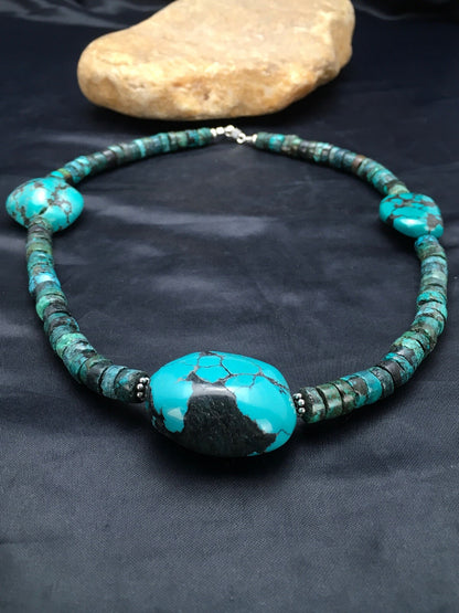 Turquoise Heishi Chunky Navajo Sterling Silver Necklace 20" 02959