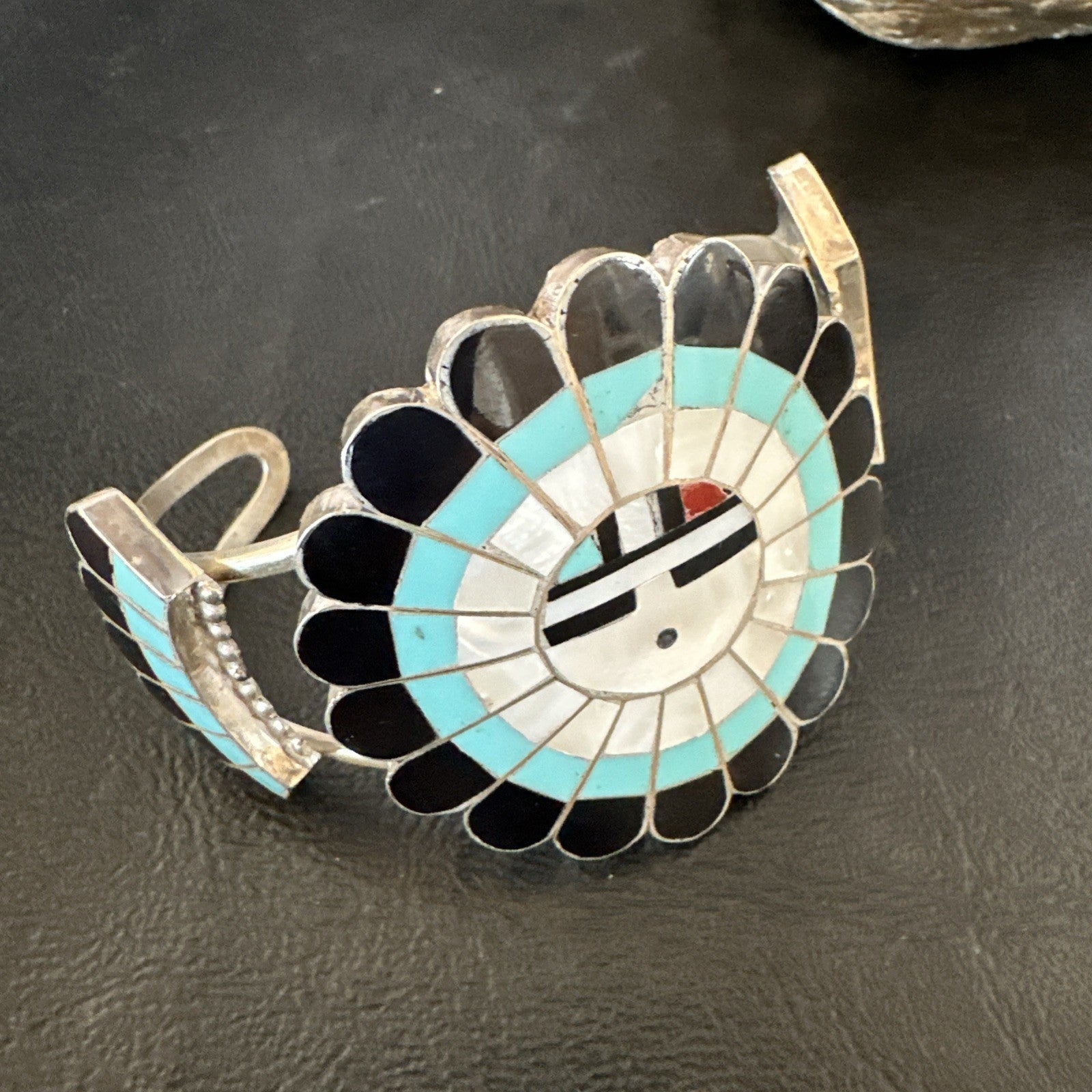 Old Pawn Sunface Turquoise Zuni Sterling Silver Onyx Bracelet 6.75” 19128