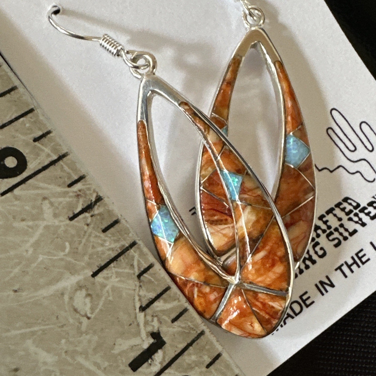 Women Opal Spiny Oyster Inlay Southwestern Sterling Silver Dangle Earrings 19136