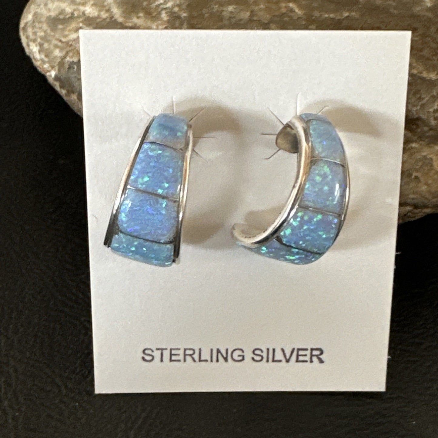 Blue Faux Opal Stud Inlay Navajo Sterling Silver Earrings 19261