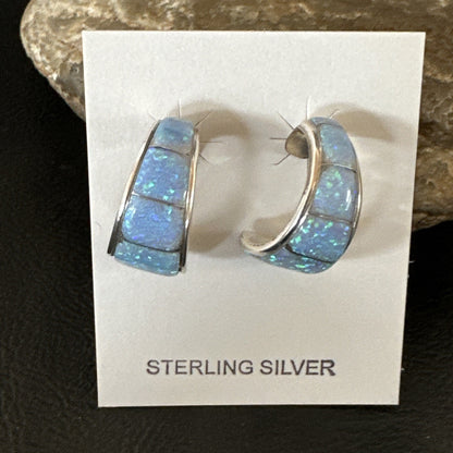 Blue Faux Opal Stud Inlay Navajo Sterling Silver Earrings 19261