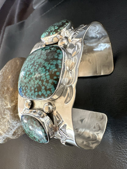 XL Blue Kingman Turquoise 3 Stone Navajo Sterling Silver Cuff Bracelet 18022