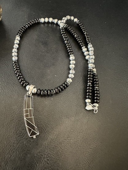 Mens Womens Black Onyx Pendant Navajo Sterling Silver Beads Necklace 18332