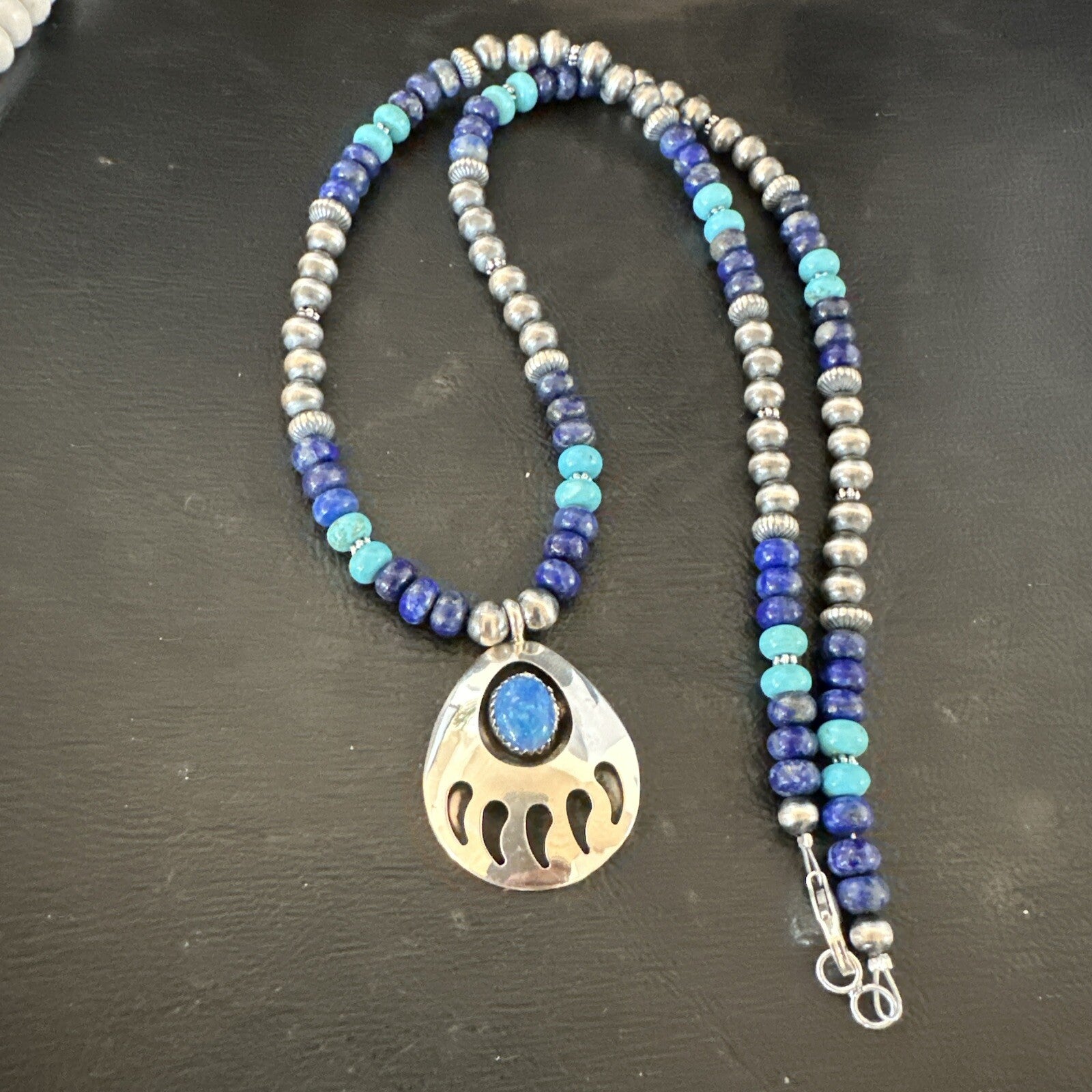 Mens Blue Turquoise Lapis BearPaw Pendant Navajo Sterling Silver Necklace 17882