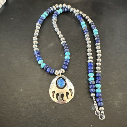 Mens Blue Turquoise Lapis BearPaw Pendant Navajo Sterling Silver Necklace 17882