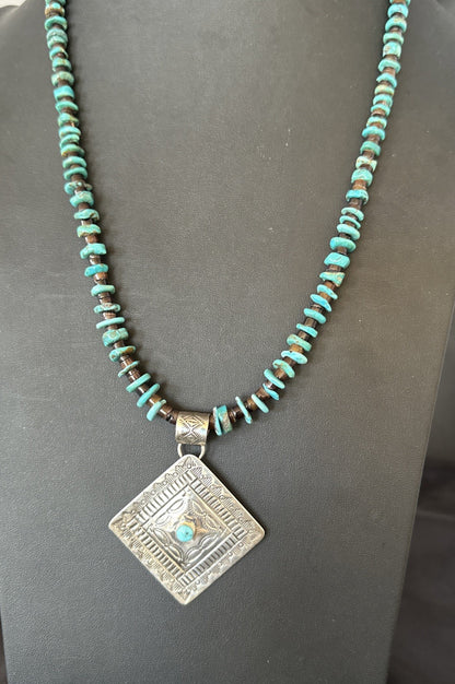 Navajo Blue Turquoise Stamped Pendant Shell Sterling Silver 28” Necklace 19705