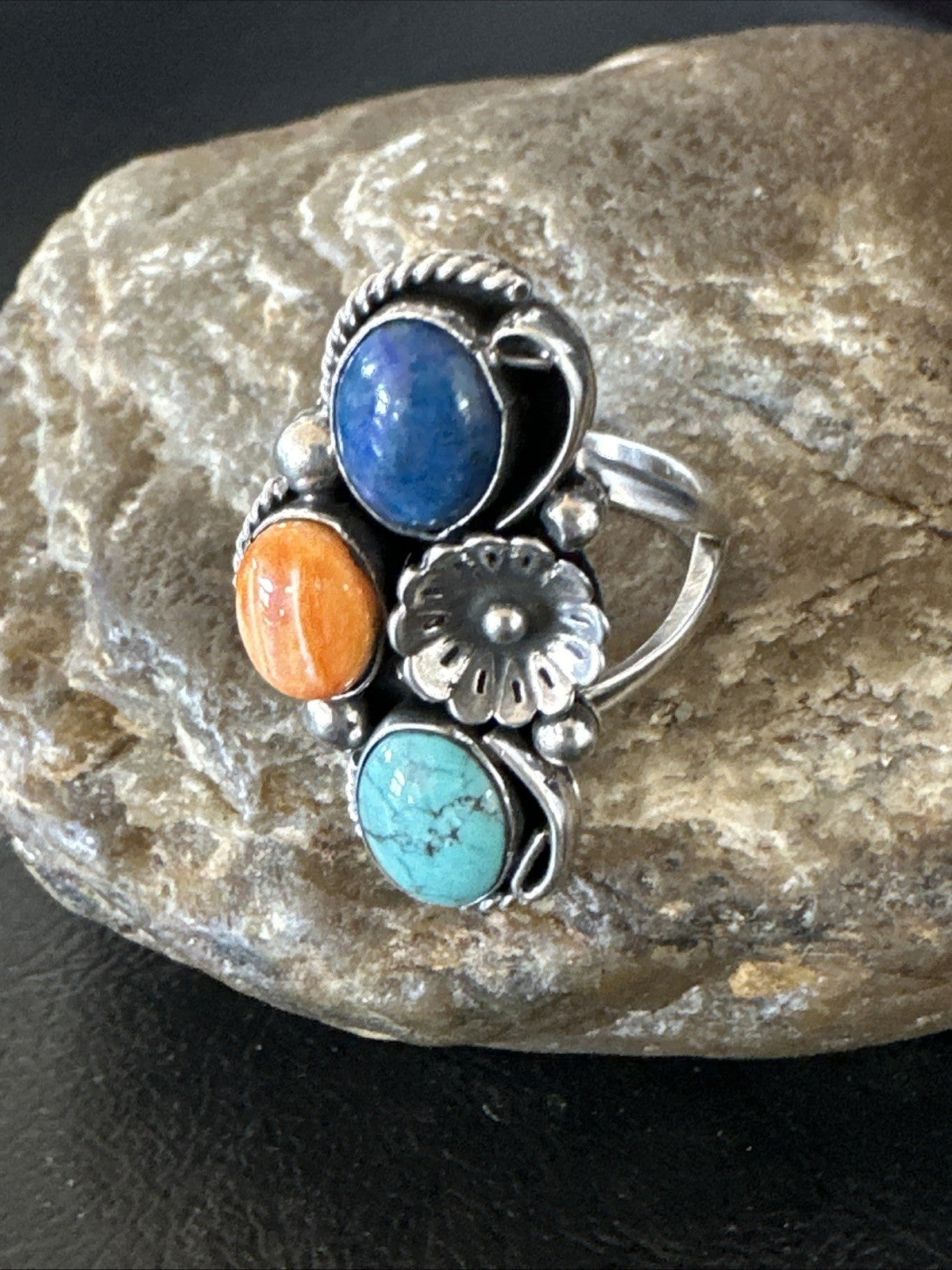 Multicolor Ring Turquoise Spiny Navajo Sterling Silver Cluster Size 8 19186