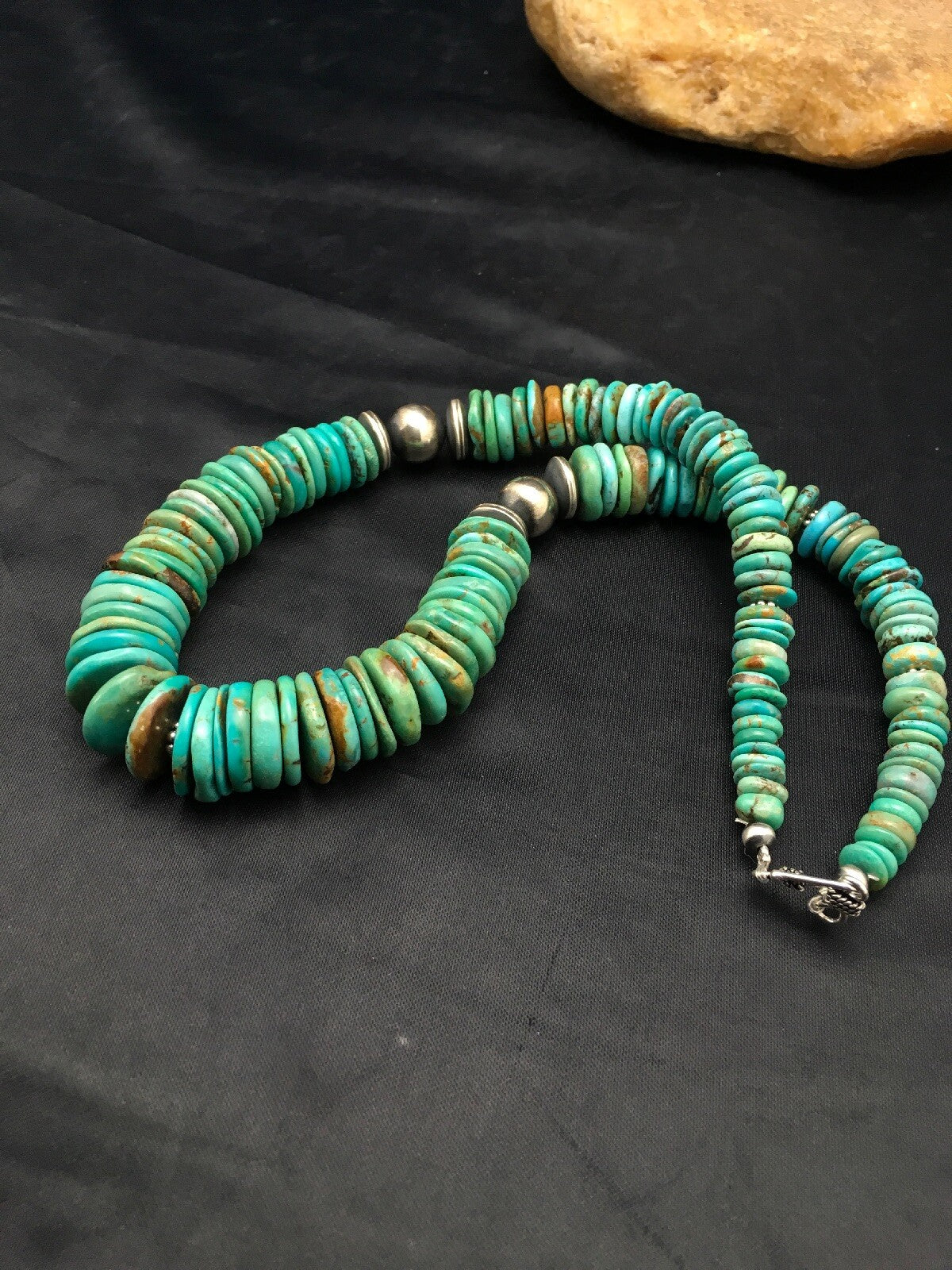 Turquoise Graduated Navajo Sterling Silver Necklace 18" 4047
