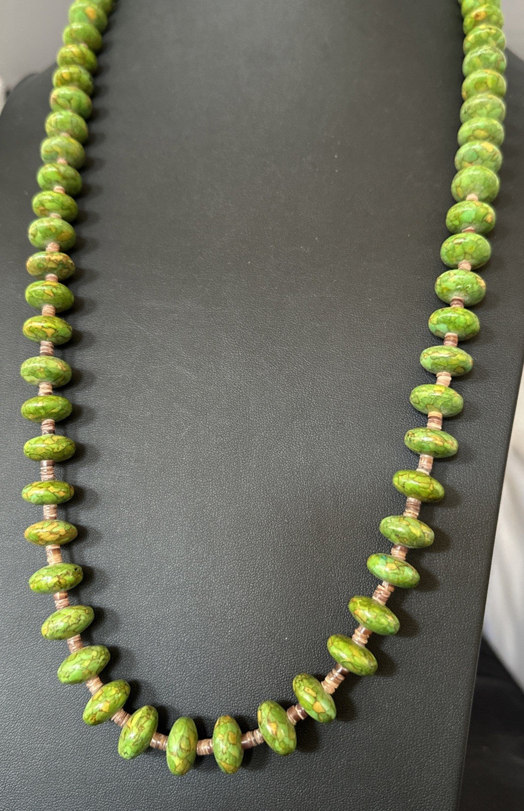 Green Mohave Turquoise Shell Santo Domingo Sterling Silver Necklace 32”19661