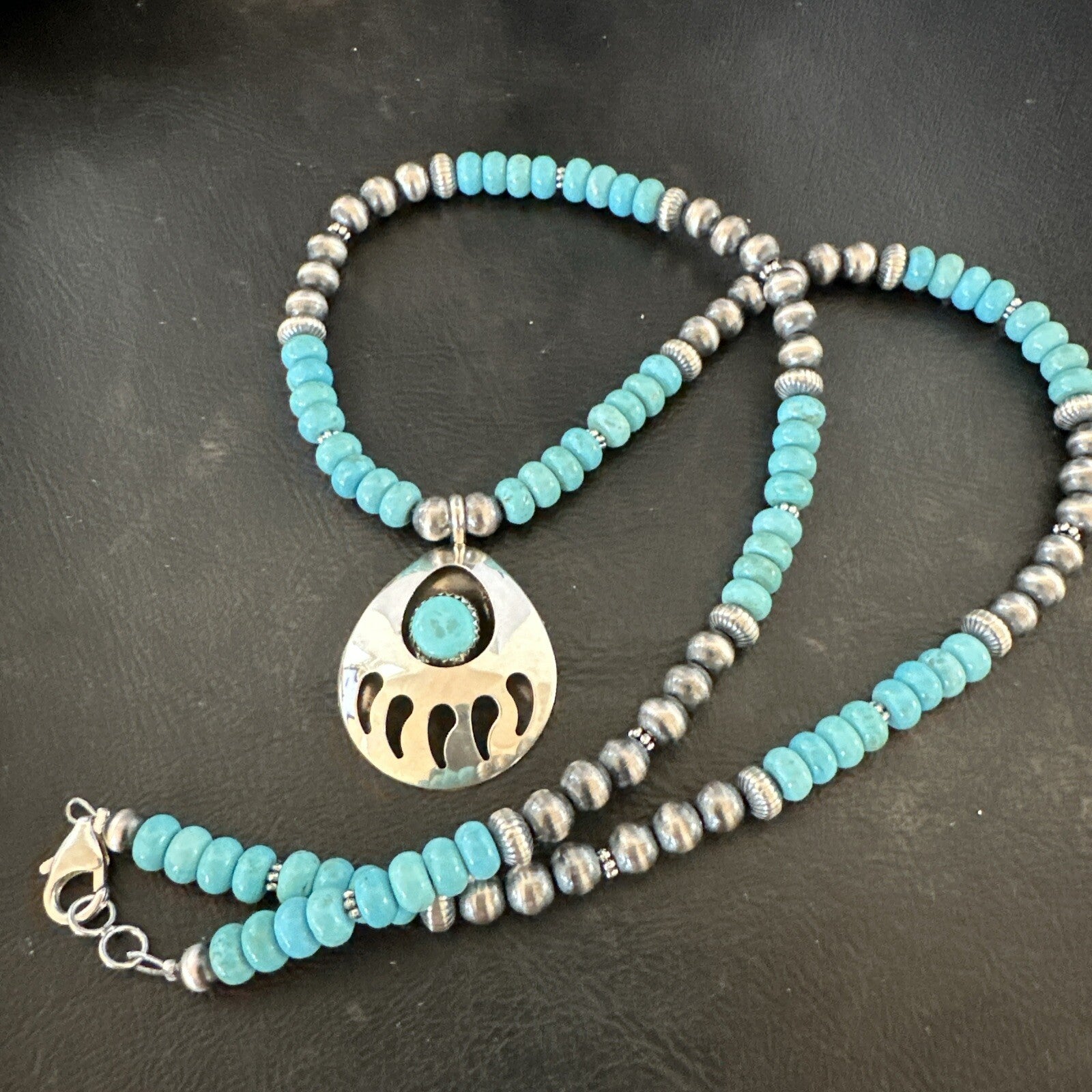 Mens Blue Turquoise BearPaw Pendant Navajo Pearls Sterling Silver Necklace 17880