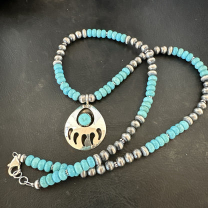 Mens Blue Turquoise BearPaw Pendant Navajo Pearls Sterling Silver Necklace 17880
