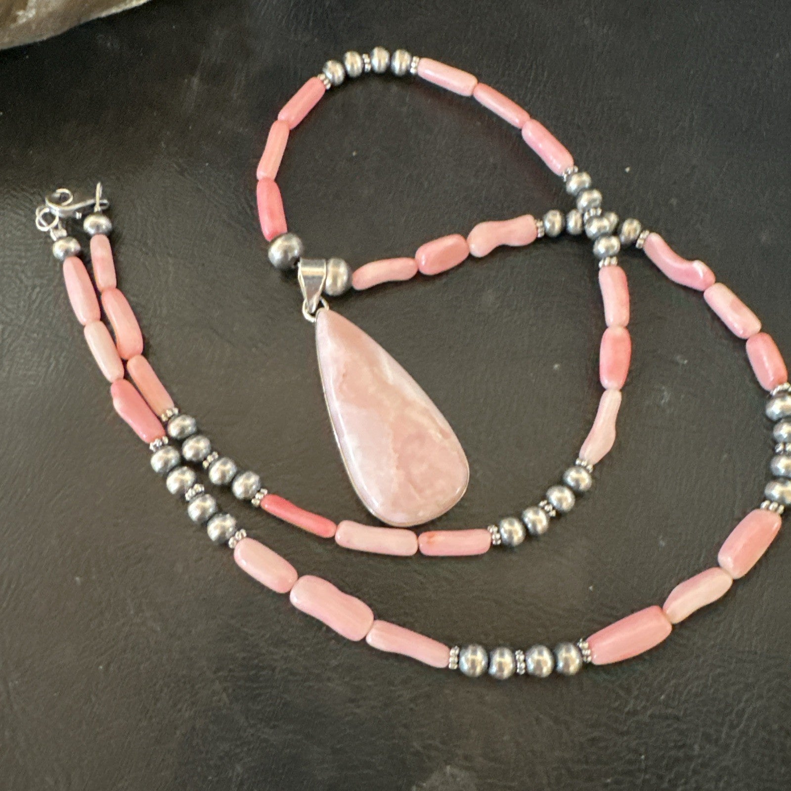 Southwestern Sterling Silver Pink Coral Bead Necklace Quartz Pendant 24" 19589