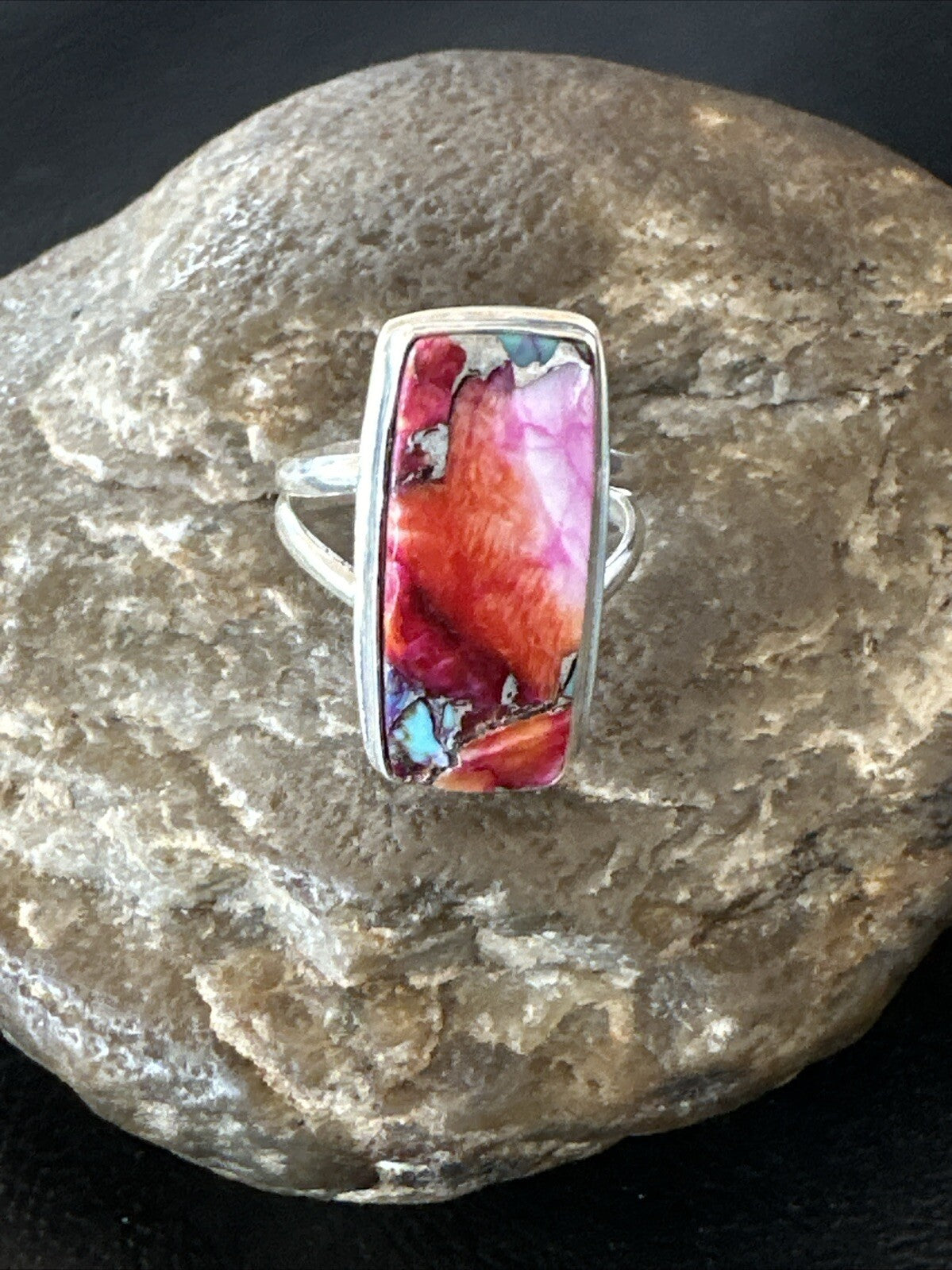 Blue Turquoise Spiny Oyster Southwestern Sterling Silver Ring Size 9 18465
