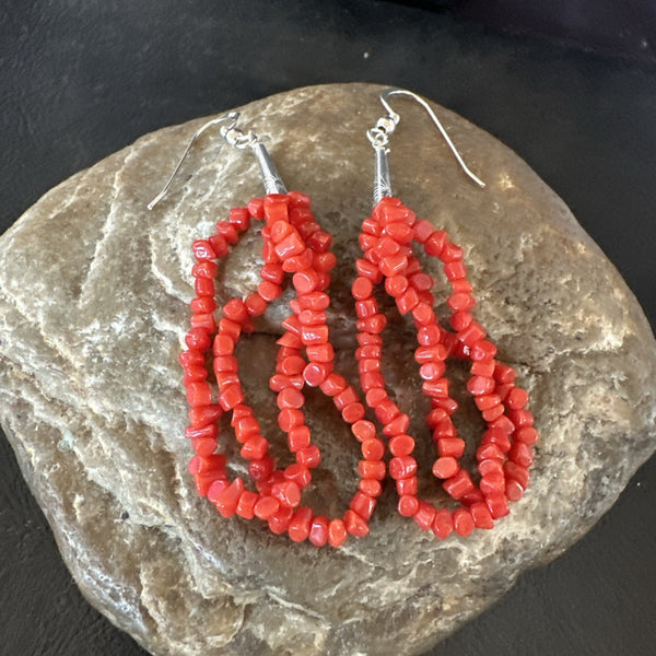 Red Real Coral Nugget Dangle 2 Strand Earrings 2" | Sterling Silver | Authentic Native American Handmade | 19347