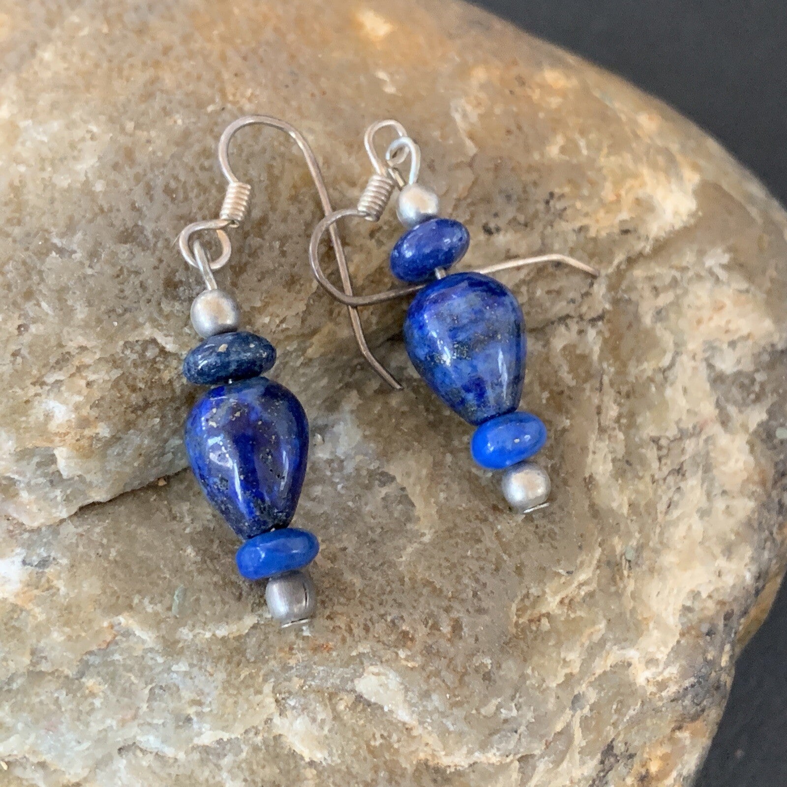 Blue Lapis Lazuli Bead Navajo Sterling Silver Dangle Earrings 1712