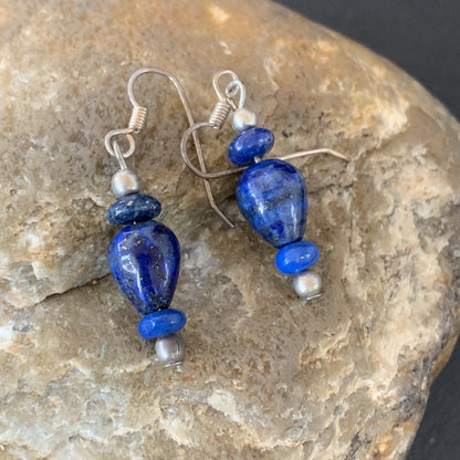 Blue Lapis Lazuli Bead Navajo Sterling Silver Dangle Earrings 1712
