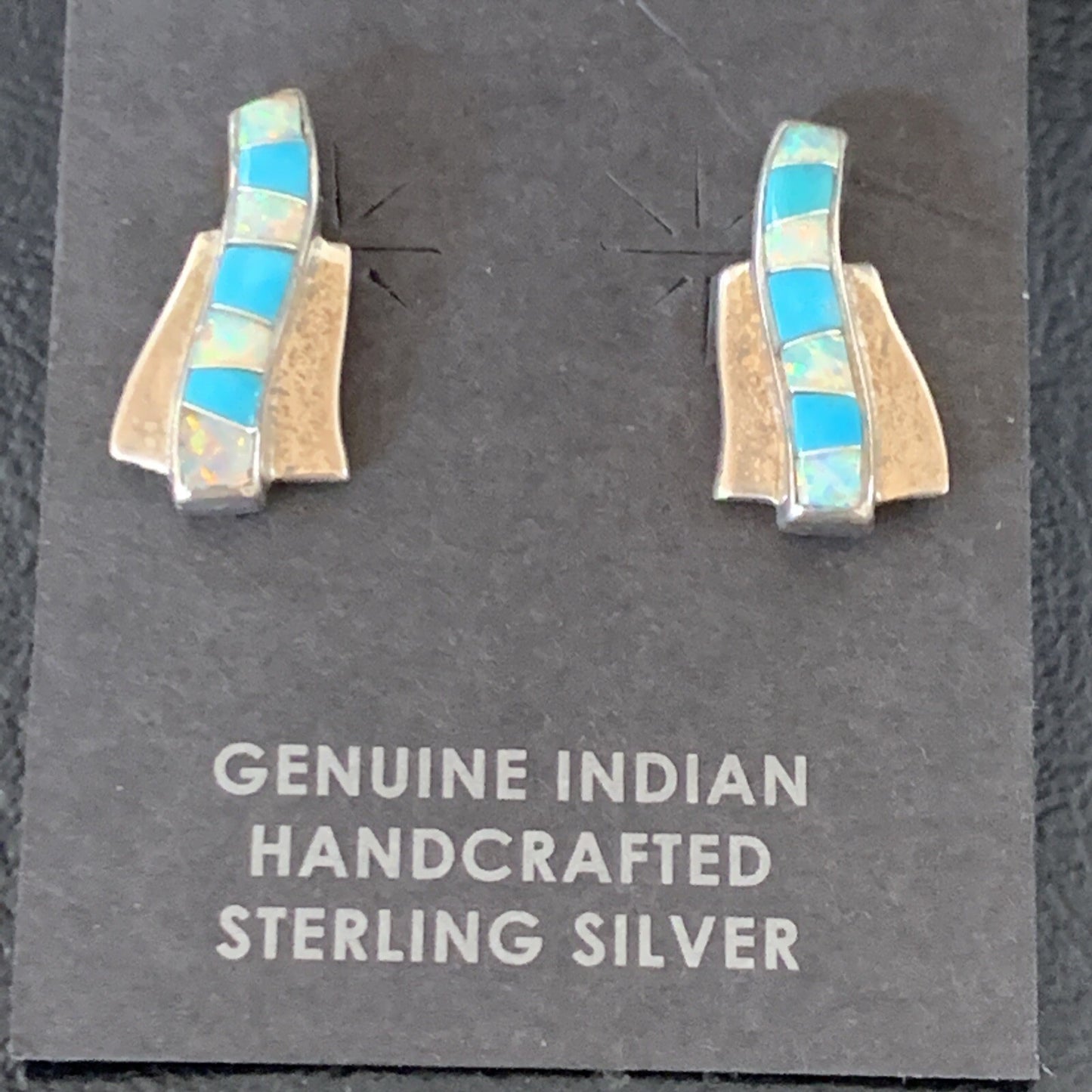 Womens Blue Turquoise & White Opal Navajo Sterling Silver Inlay Earrings 12898
