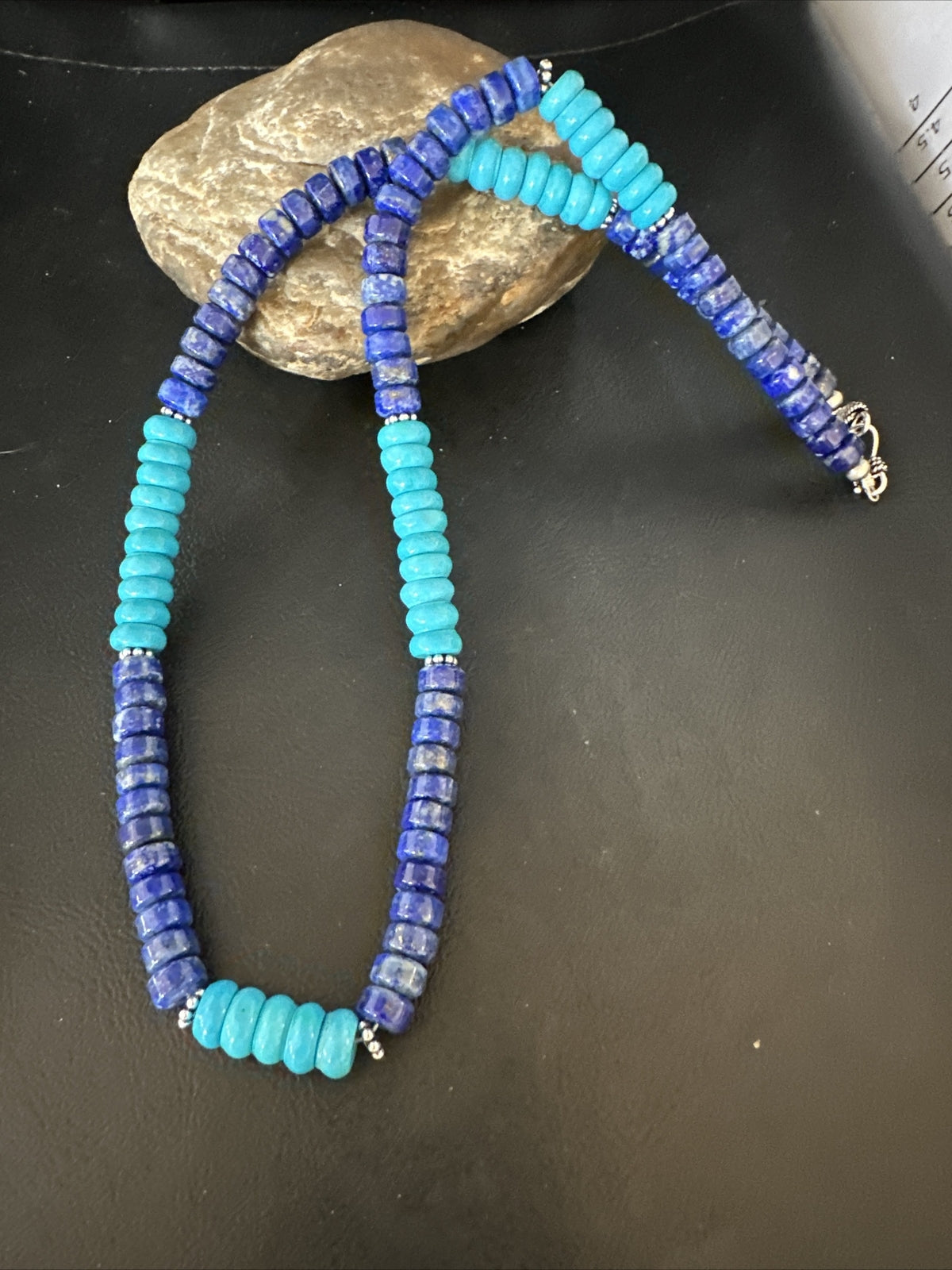 Mens Navajo Beads Lapis Sterling Silver Necklace Turquoise 23” 14941