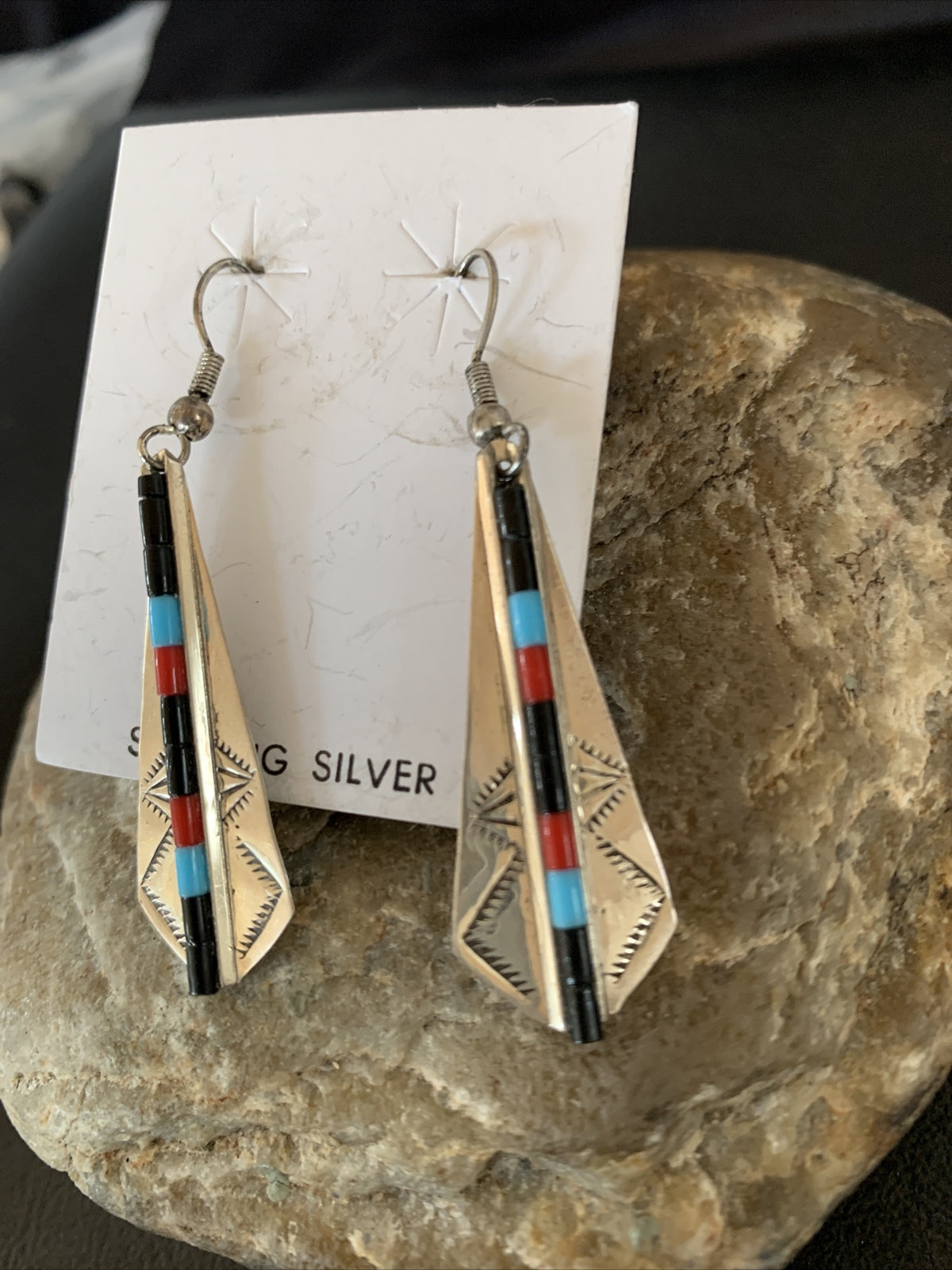 Turquoise & Coral Inlay Navajo Sterling Silver Earrings 1.5" 01710
