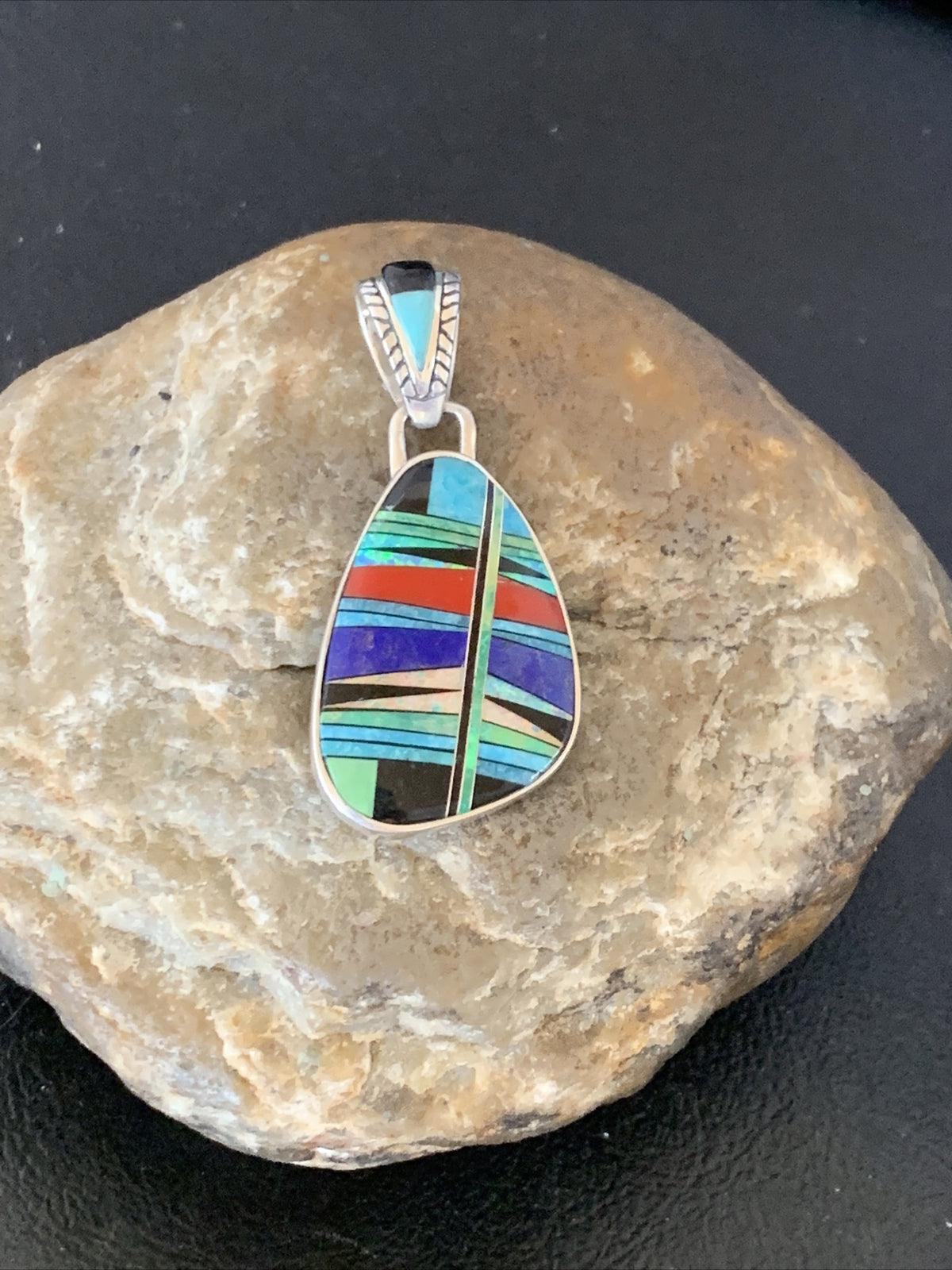 Womens Blue Turquoise Coral & Opal Navajo Sterling Silver Inlay Pendant 12493
