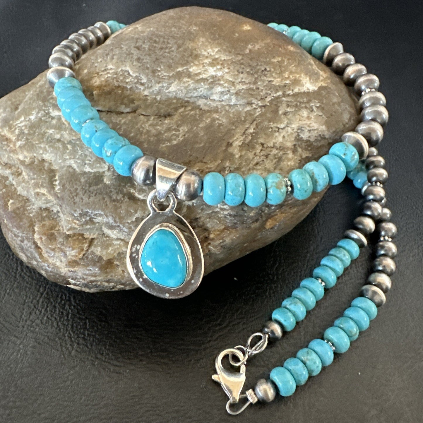 WoMens Blue Kingman Turquoise Pendant Navajo Sterling Silver Necklace 21" 18150