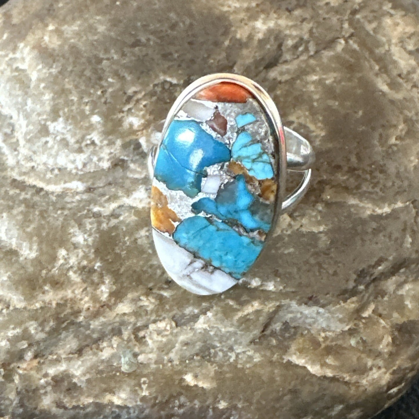 Blue Turquoise Spiny Oyster Southwestern Sterling Silver Ring Size 9 18459