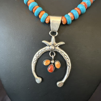 Mens Blue Turquoise Spiny Naja Pendant Navajo Sterling Silver Necklace 23" 17691