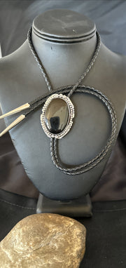 Men's Black Onyx Navajo Bolo Tie | Sterling Silver | Authentic Native American Handmade | 18663