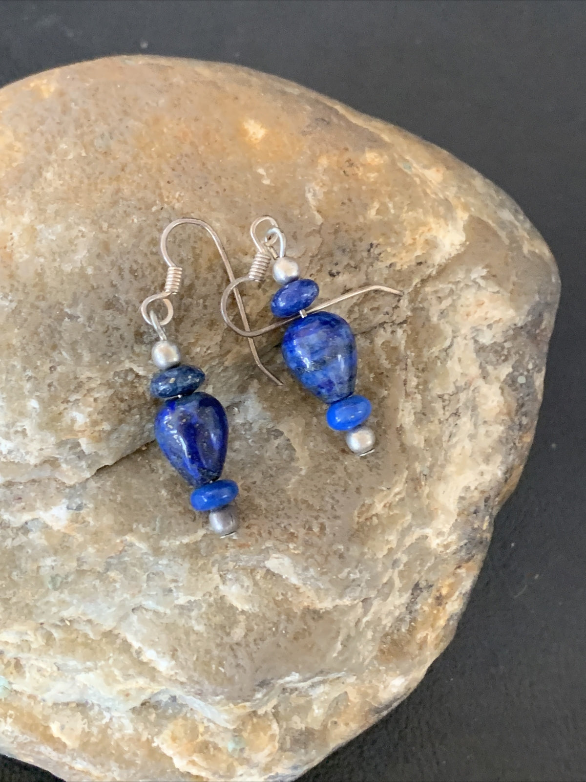 Blue Lapis Lazuli Bead Navajo Sterling Silver Dangle Earrings 1712