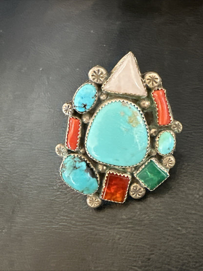 Old Pawn Navajo Blue Turquoise Coral Ring Multi-Stone Cluster Sz 9 19825