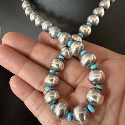 Blue Turquoise 10mm Round Sterling Silver Beads Necklace 24” 92408