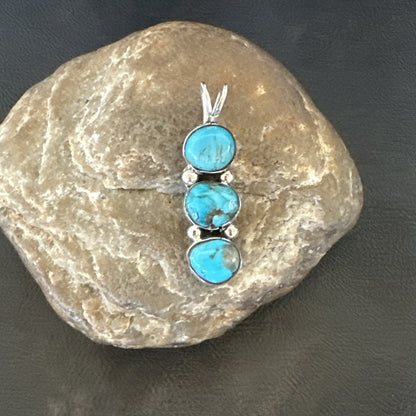 Blue Turquoise 3 Stone Navajo Sterling Silver Cluster Pendant Only 18347