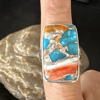Blue Turquoise Orange Spiny Oyster Navajo Sterling Silver Ring Size 10 18246