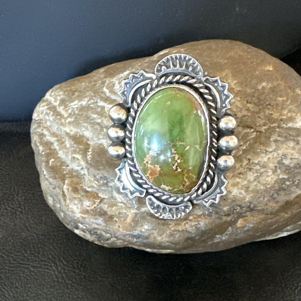 H Joe Women's Navajo Green Turquoise Ring Size 6.5 | Sterling Silver | Authentic Native American Handmade | 19358