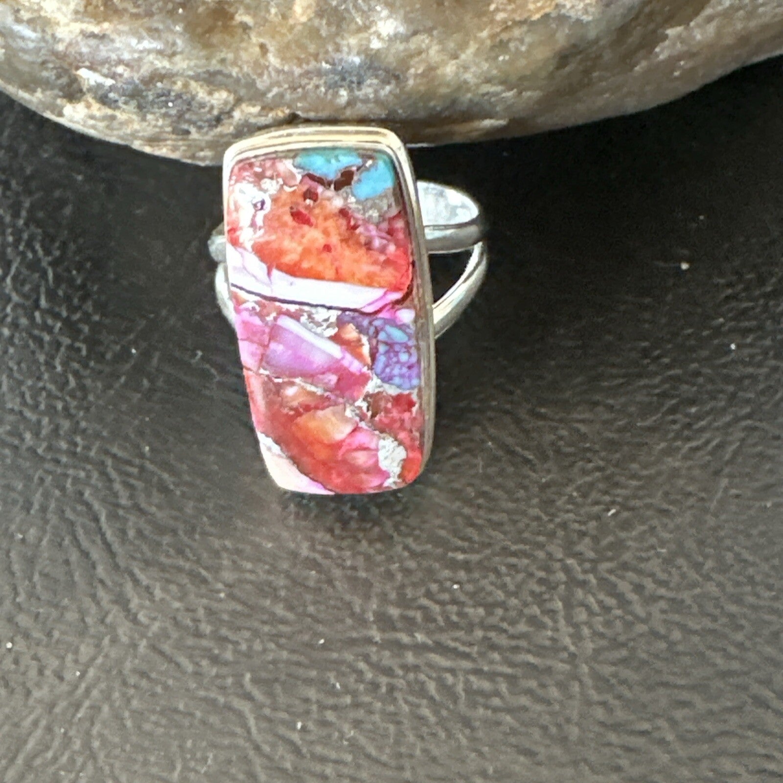 Blue Turquoise Spiny Oyster Southwestern Sterling Silver Ring Size 7 18490