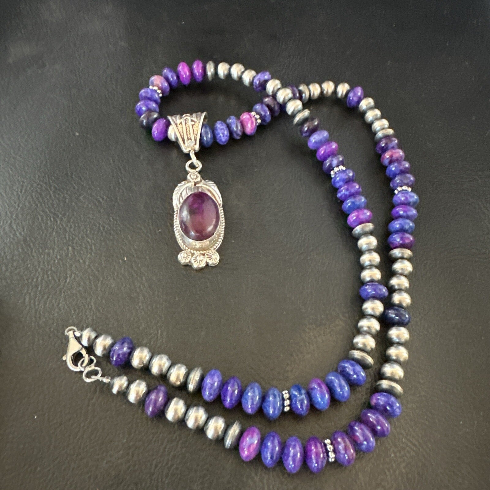 Purple Stone Pendant Navajo Pearls Sterling Silver Necklace 21” 18033