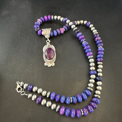 Purple Stone Pendant Navajo Pearls Sterling Silver Necklace 21” 18033